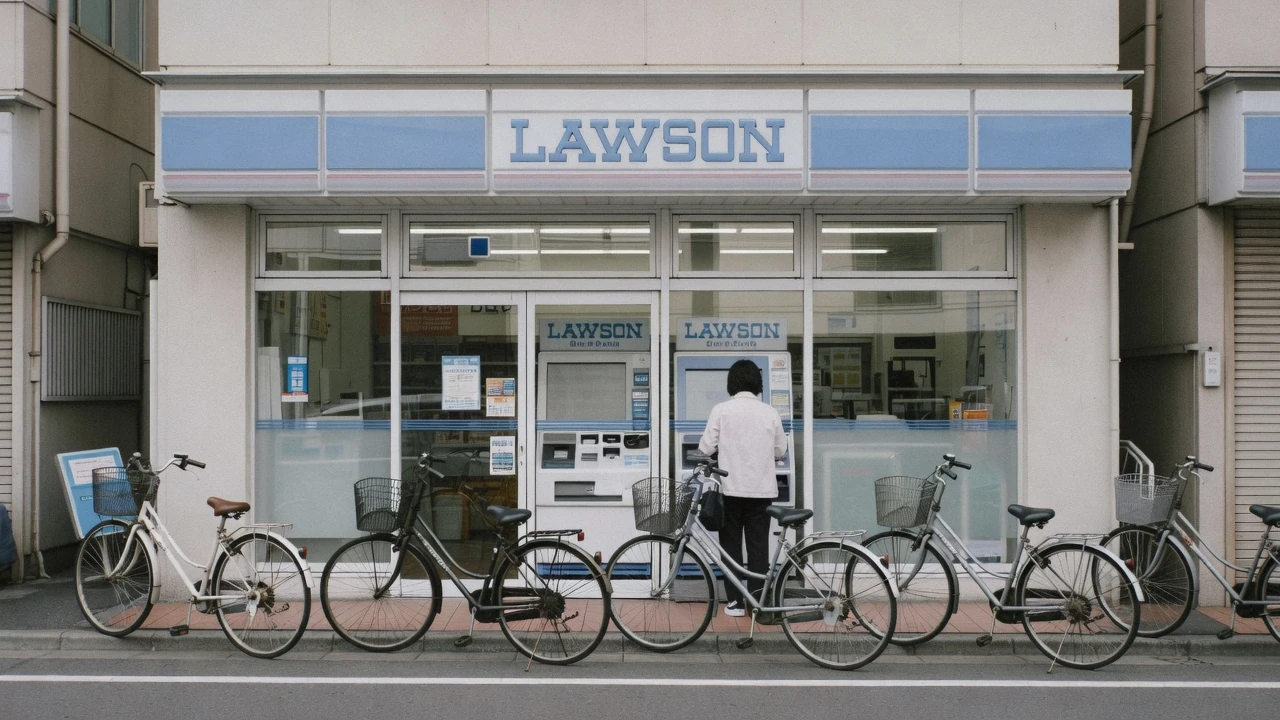 A phone showing the Lawson ticket sale screen held in front of the Ghibli Museum entrance sign in Mitaka, buying Ghibli Museum tickets