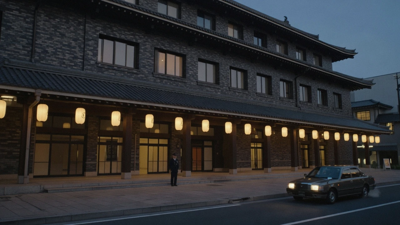 The tiled gables and red lanterns of the Kabukiza Theatre facade lit at dusk with the glass tower rising behind it, Kabukiza Theatre Ginza Tokyo