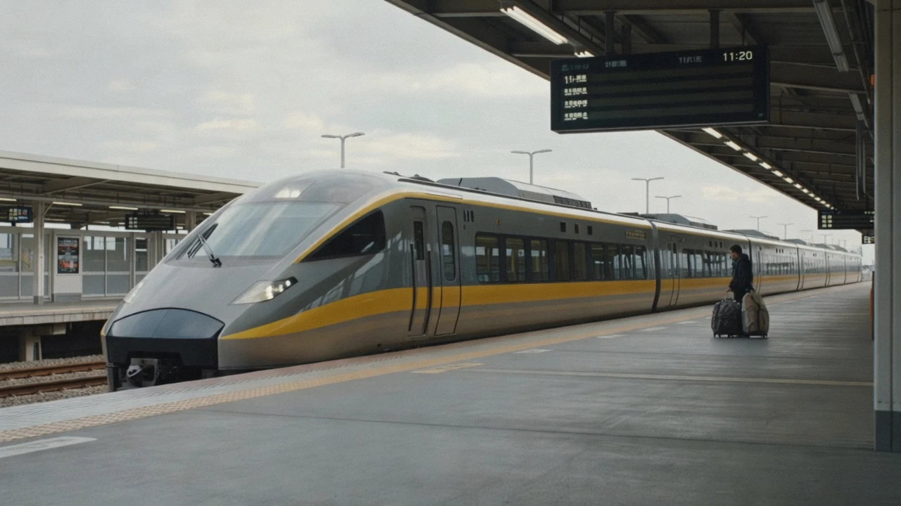 An airport express train waiting at a Tokyo airport platform with travellers and cases boarding, a Tokyo layover trip into the city