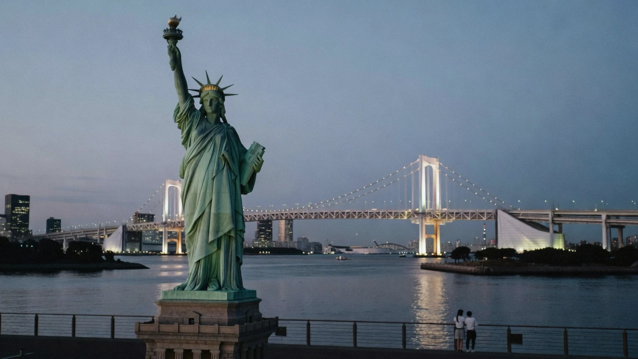 The Rainbow Bridge and the bay-front promenade at Odaiba in Tokyo, Japan