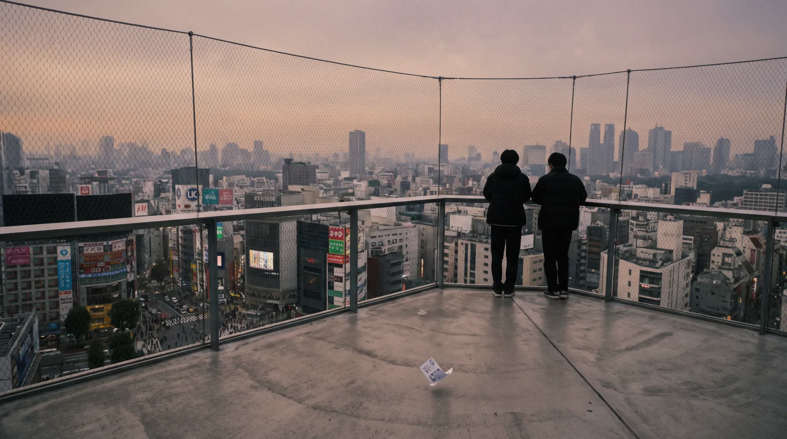 Open-air rooftop deck 229 metres above the streets at dusk with the city grid and distant towers below, Shibuya Sky in Tokyo