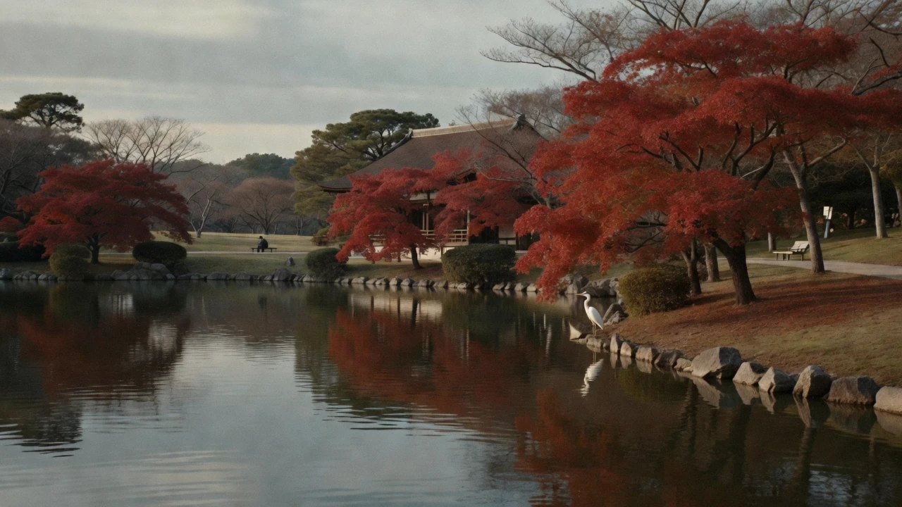 The open lawn of the landscape garden at Shinjuku Gyoen with tulip trees and the city towers behind, Tokyo