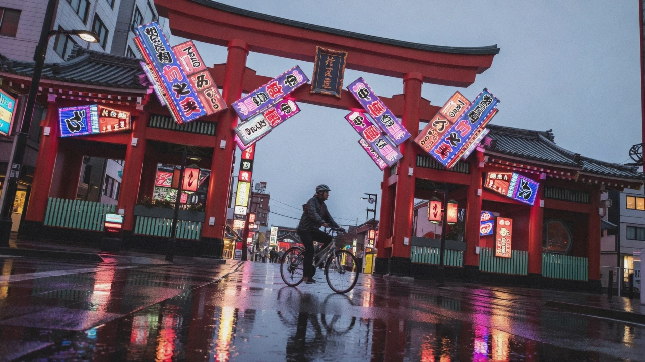 Neon signs and evening crowds on a Shinjuku street in Tokyo, Japan