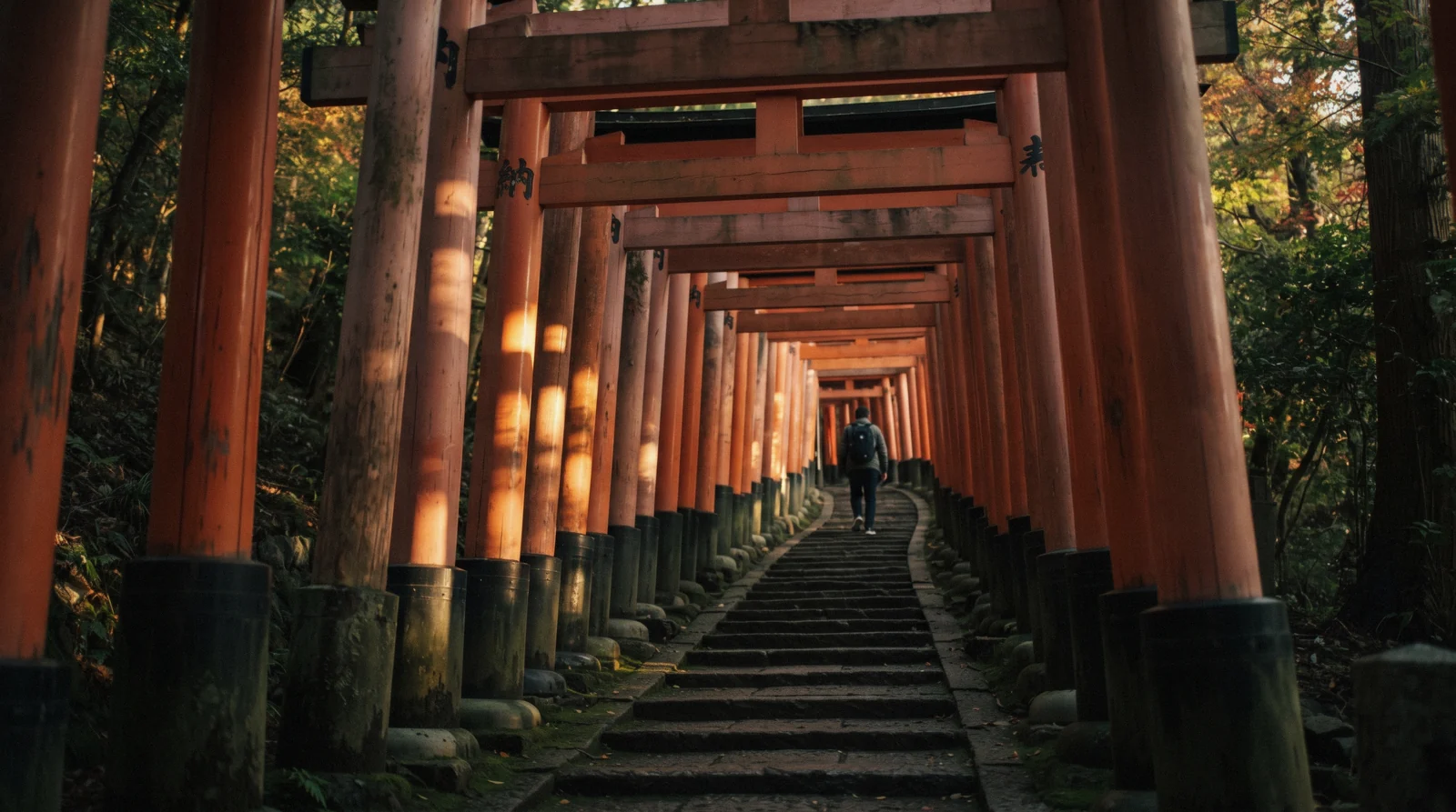 A vermilion torii tunnel and a tiled temple roof above city rooftops, one of the temples in Tokyo open to visitors, at first light