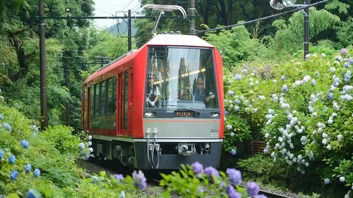 Hakone Tozan train arriving at a mountain station used with the Hakone unlimited-ride train pass, Hakone Japan