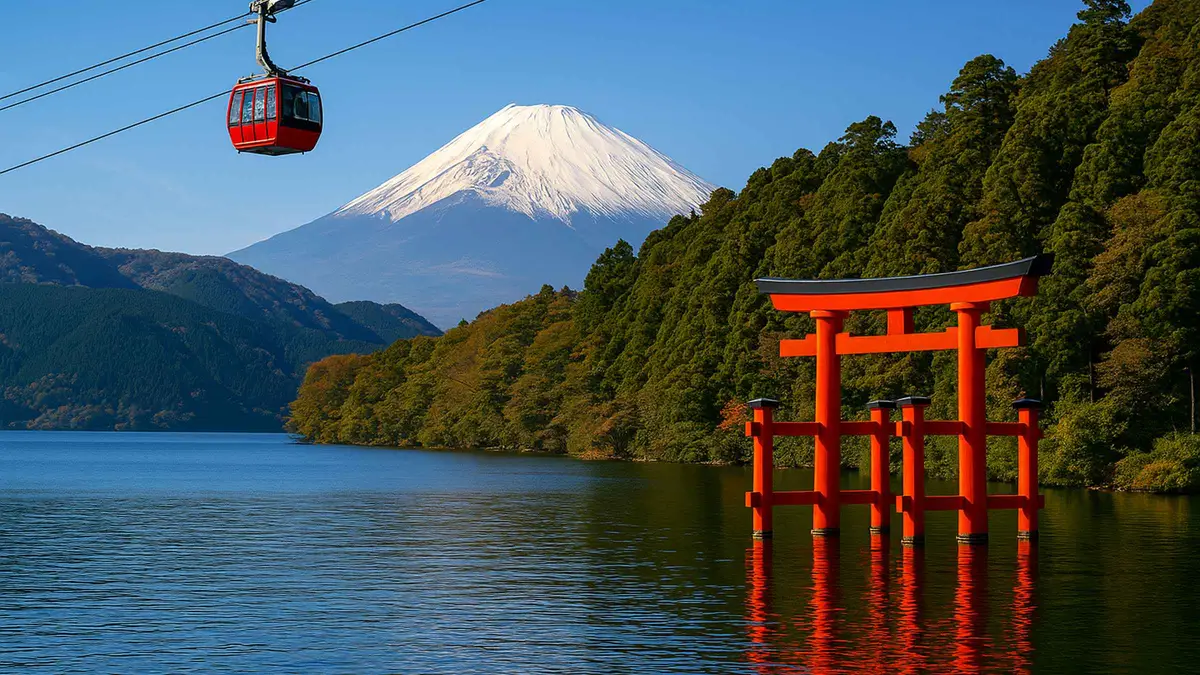 Lake Ashi and the Hakone Ropeway seen on a private Hakone day tour from Tokyo, Hakone Japan