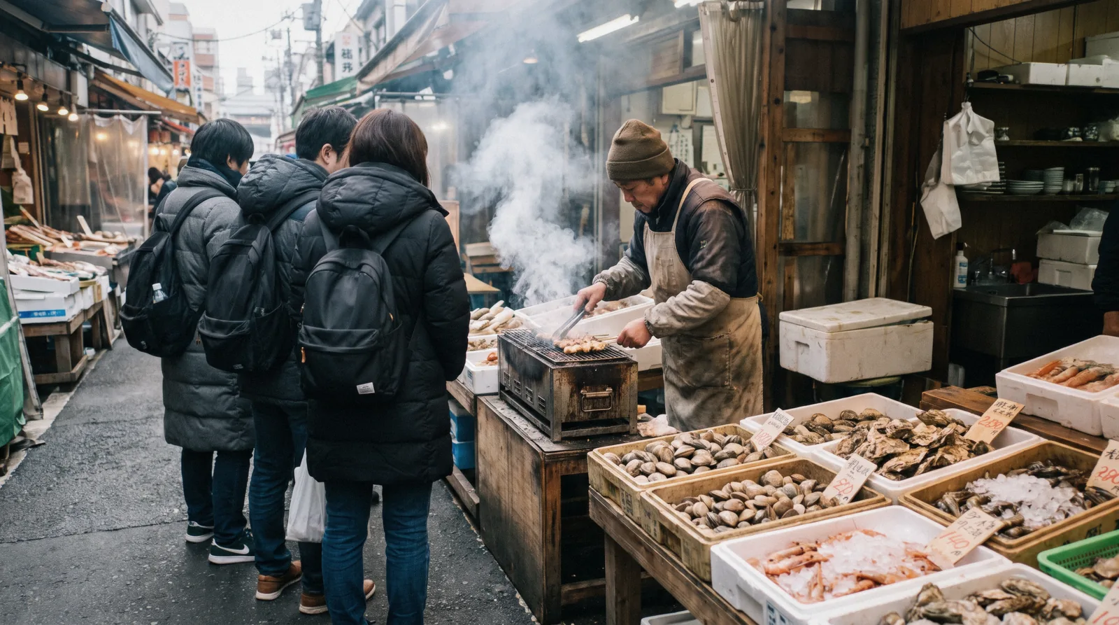 Grilled seafood and knife stalls on a narrow lane in the Tsukiji Outer Market in Tokyo, Japan