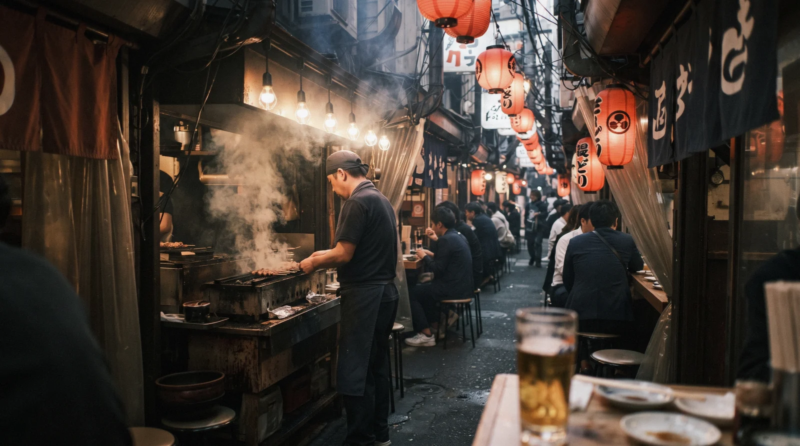 A narrow counter kitchen under red lanterns at dusk in a Tokyo back street, cooks working the grill in front of eight seated customers, where to eat in Tokyo
